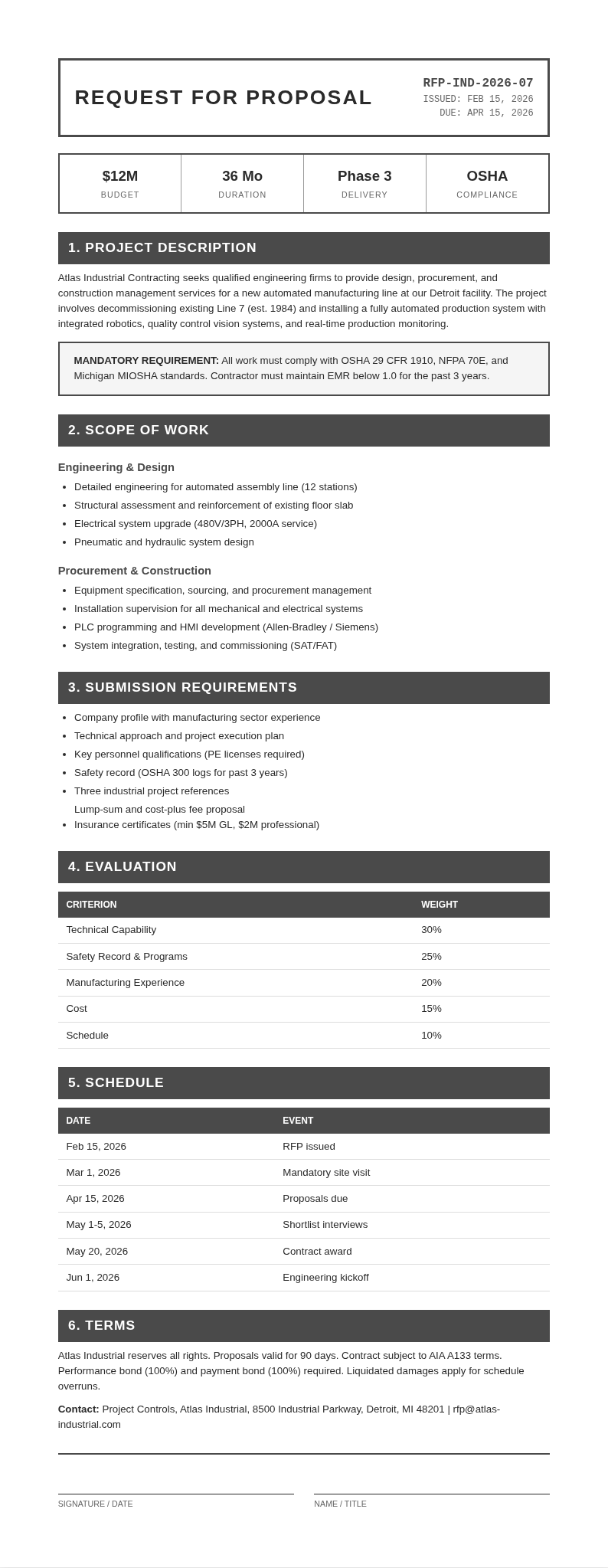 Industrial Request for Proposal